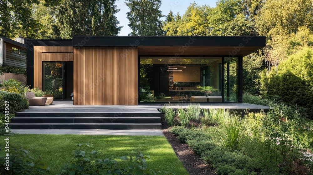 Luxurious minimalist cubic home with a combination of wood cladding and black panel walls, set in a landscaped garden with clean lines and green spaces Luxurious minimalist cubic home with a combination of wood cladding and black panel walls, set in a landscaped garden with clean lines and green spaces