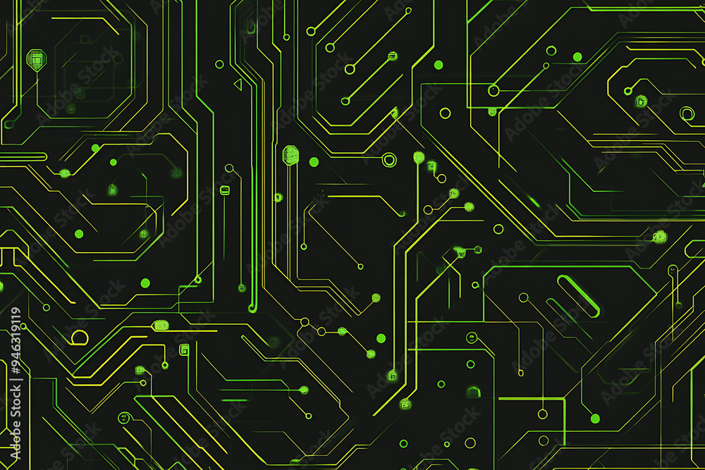  Abstract representation of a circuit board with glowing neon lines and geometric patterns against a dark background. The image evokes a high-tech, futuristic feel with ample copy space