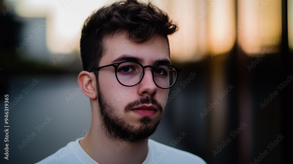 A contemplative young man with glasses stands in an urban setting at dusk A contemplative young man with glasses stands in an urban setting at dusk