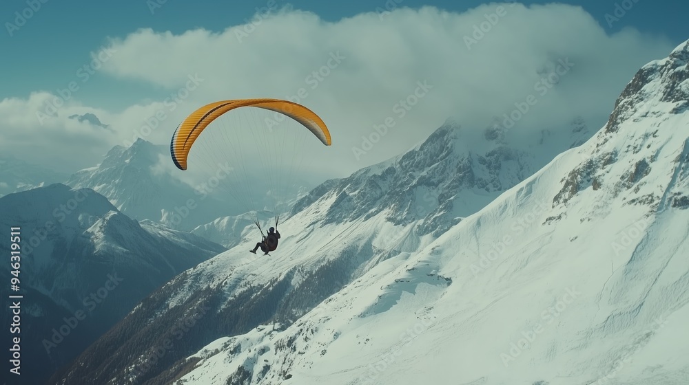 A paraglider soars over snow-covered mountains on a clear day with stunning views of the landscape in the background A paraglider soars over snow-covered mountains on a clear day with stunning views of the landscape in the background