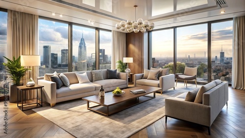 Elegant modern living room in a stylish London home, featuring sleek furniture, creamy walls, and large windows with a stunning cityscape view outside.