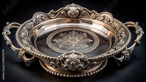 Elegant, ornate antique silver plate with intricate etchings and decorative handles, adorned with floral motifs, resting on a rich, velvety black background.