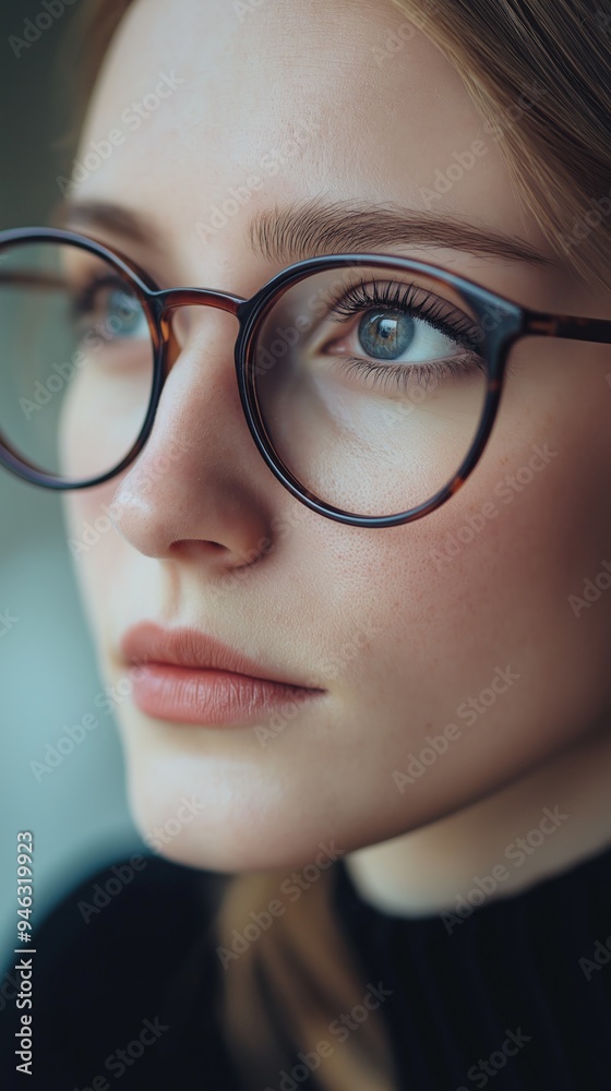 A young woman with glasses looks thoughtfully, her expression reflecting deep contemplation indoors A young woman with glasses looks thoughtfully, her expression reflecting deep contemplation indoors