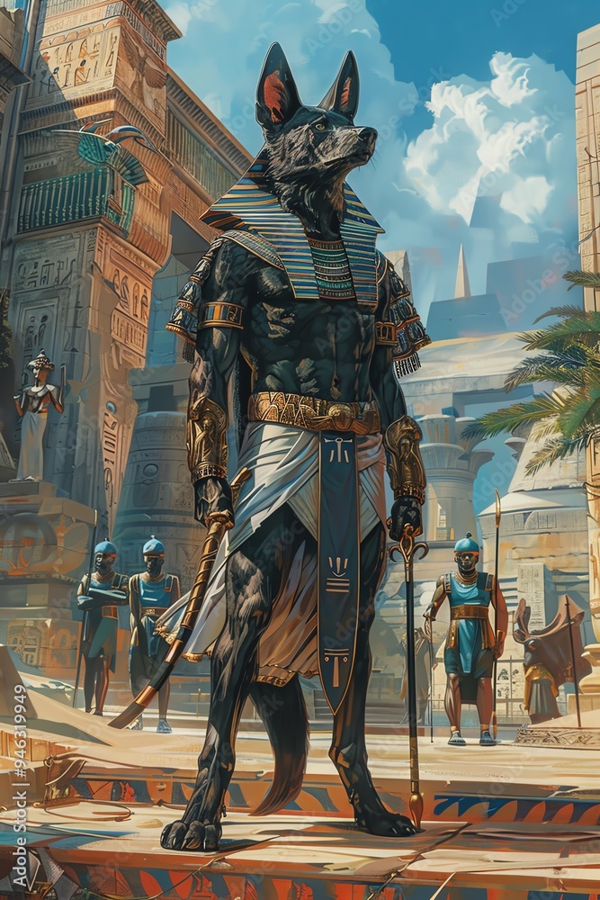 Naklejka premium Anubis and Pharaohs in a grand procession, opulent palace background, richly detailed and vibrant illustration style
