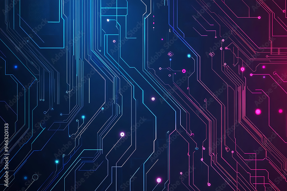 Abstract representation of a circuit board with glowing neon lines and geometric patterns against a dark background. The image evokes a high-tech, futuristic feel with ample copy space Abstract representation of a circuit board with glowing neon lines and geometric patterns against a dark background. The image evokes a high-tech, futuristic feel with ample copy space