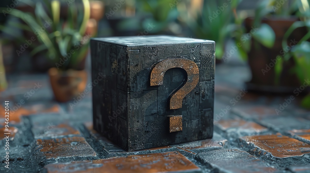 Black cube with a question mark on a dark background Black cube with a question mark on a dark background