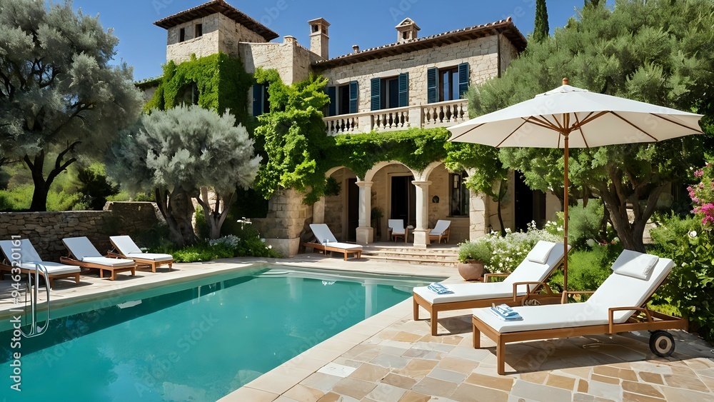 Relaxing poolside oasis with stunning villa in the background. Relaxing poolside oasis with stunning villa in the background.