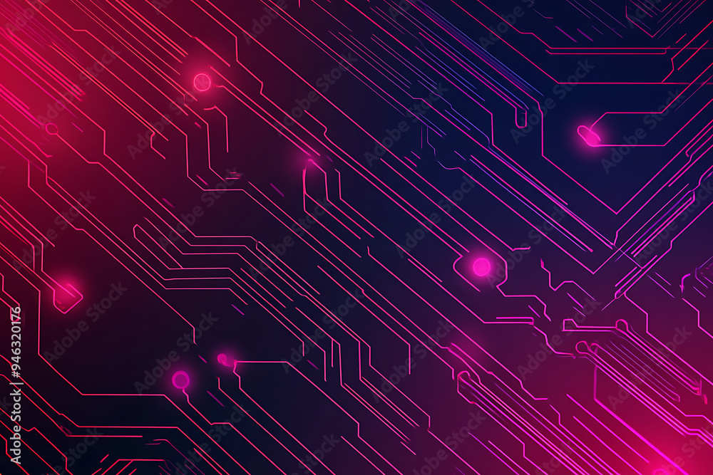 Abstract representation of a circuit board with glowing neon lines and geometric patterns against a dark background. The image evokes a high-tech, futuristic feel with ample copy space Abstract representation of a circuit board with glowing neon lines and geometric patterns against a dark background. The image evokes a high-tech, futuristic feel with ample copy space