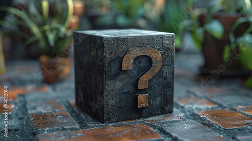 Black cube with a question mark on a dark background