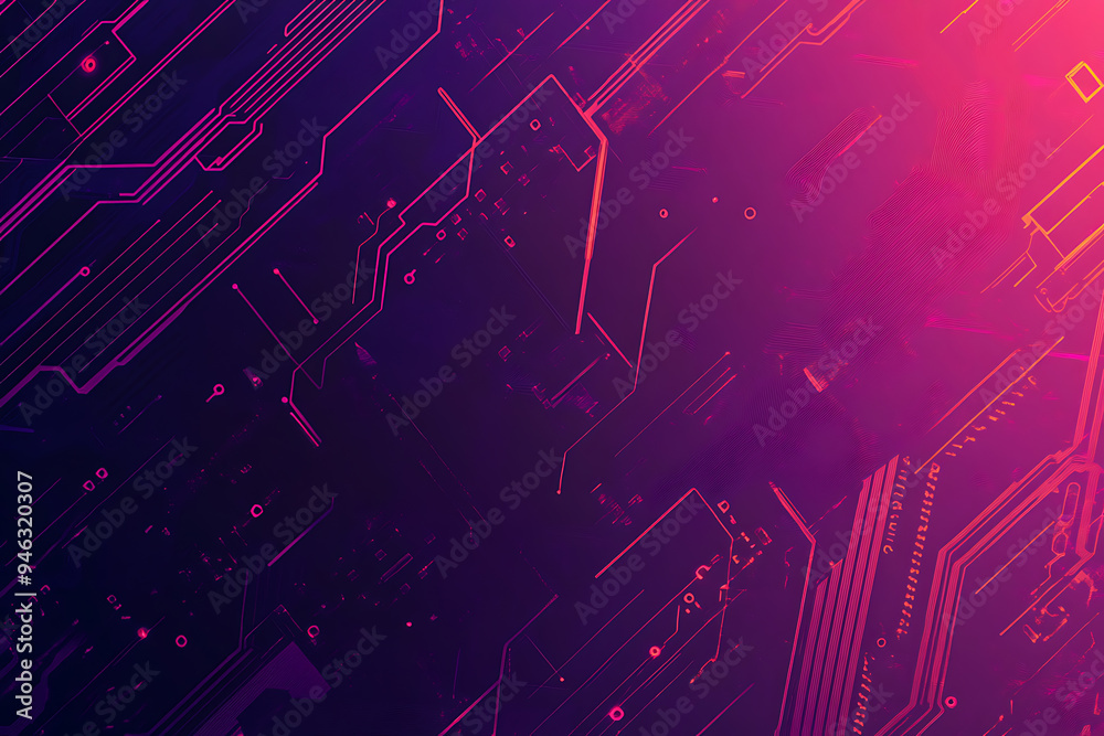 Abstract representation of a circuit board with glowing neon lines and geometric patterns against a dark background. The image evokes a high-tech, futuristic feel with ample copy space Abstract representation of a circuit board with glowing neon lines and geometric patterns against a dark background. The image evokes a high-tech, futuristic feel with ample copy space