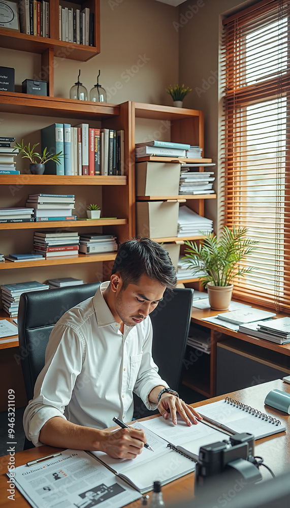 a man working at a desk with books and a laptop a man working at a desk with books and a laptop