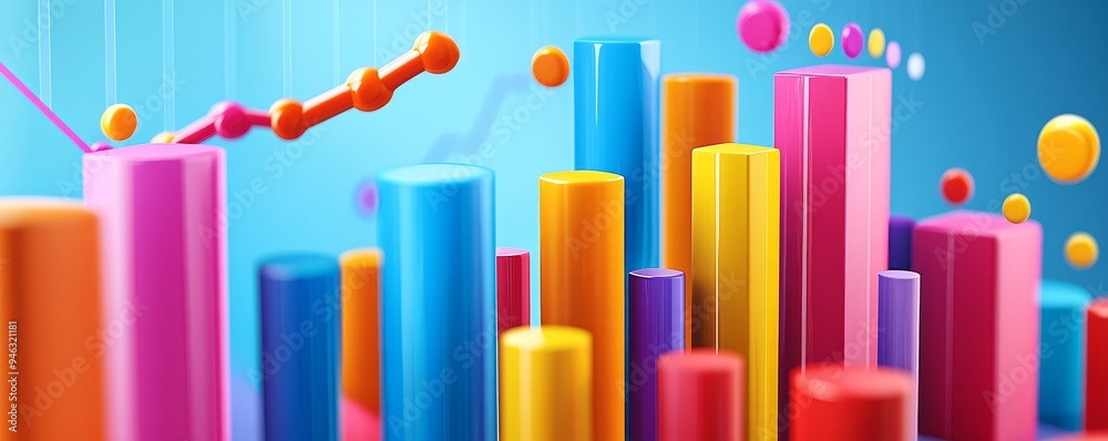 Fototapeta premium Colorful abstract bars and line graph on blue background.