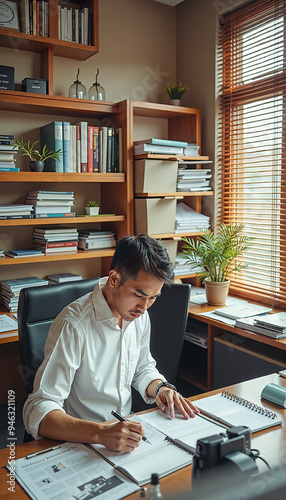 a man working at a desk with books and a laptop