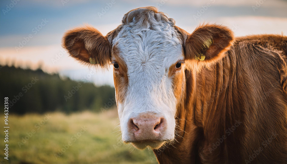 Brown and white cow standing in field, face to camera. Farm animal. Brown and white cow standing in field, face to camera. Farm animal.