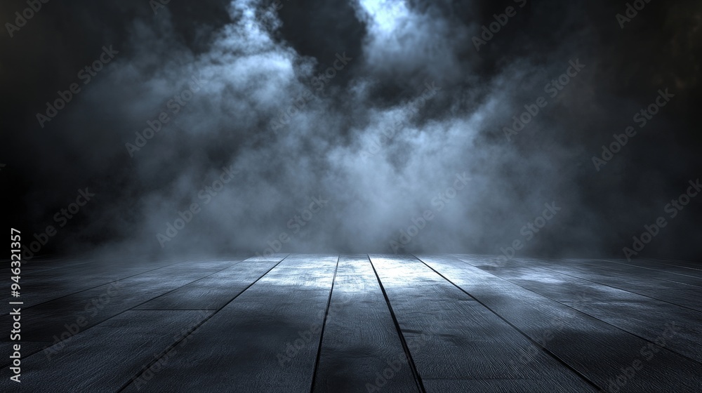 Dark wooden floor with a spotlight illuminating a thick fog. Dark wooden floor with a spotlight illuminating a thick fog.