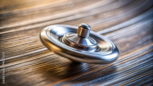 Fast-moving blur of silver toy with spinning center, surrounding fingers, and blurred background, capturing dynamic motion and mesmerizing movement. photo