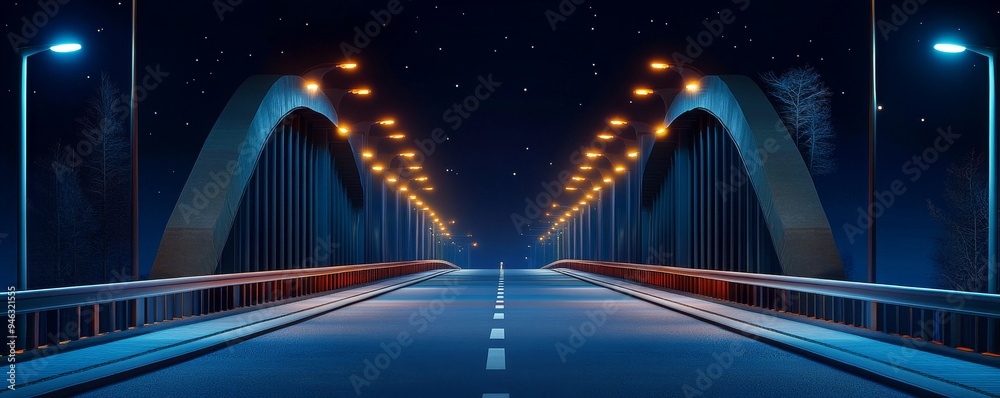 Obraz premium Empty road on a bridge illuminated by street lights at night.