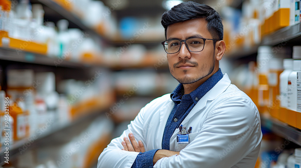 Young pharmacist stands with his arms crossed in a pharmacy Young pharmacist stands with his arms crossed in a pharmacy