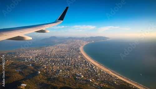 Airplane window close up, Looking at city and sea through airplane window, Generative AI