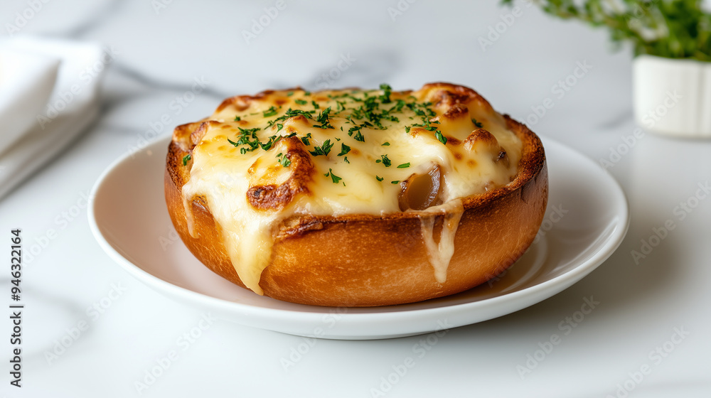 classic French onion soup with melted cheese crust and caramelized onions in baked bread bowl classic French onion soup with melted cheese crust and caramelized onions in baked bread bowl