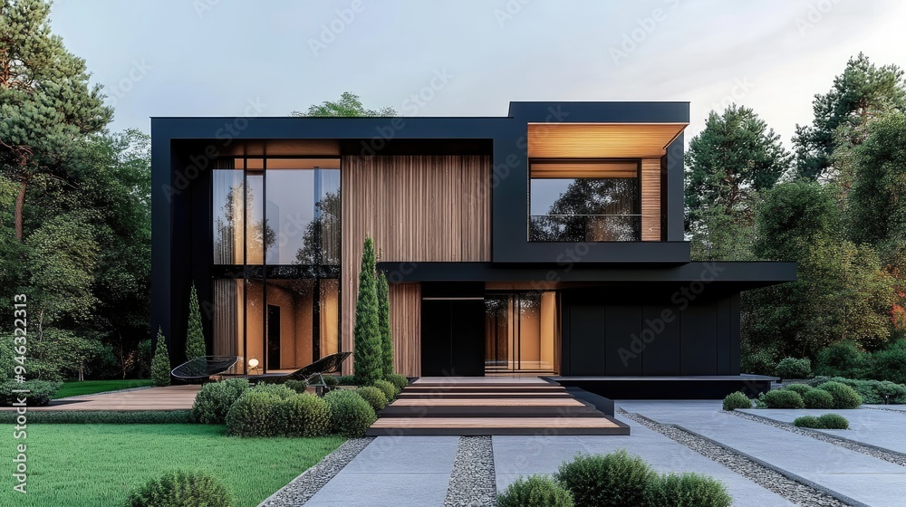 Modern architectural villa with cubic design, wooden cladding, and black panels, surrounded by a meticulously designed front yard featuring minimalist landscaping Modern architectural villa with cubic design, wooden cladding, and black panels, surrounded by a meticulously designed front yard featuring minimalist landscaping