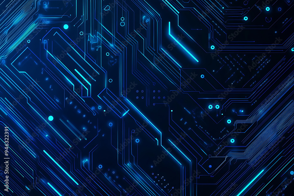 Abstract representation of a circuit board with glowing neon lines and geometric patterns against a dark background. The image evokes a high-tech, futuristic feel with ample copy space Abstract representation of a circuit board with glowing neon lines and geometric patterns against a dark background. The image evokes a high-tech, futuristic feel with ample copy space