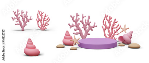 Tree shaped corals, shell, scene decorated with pebbles, starfish