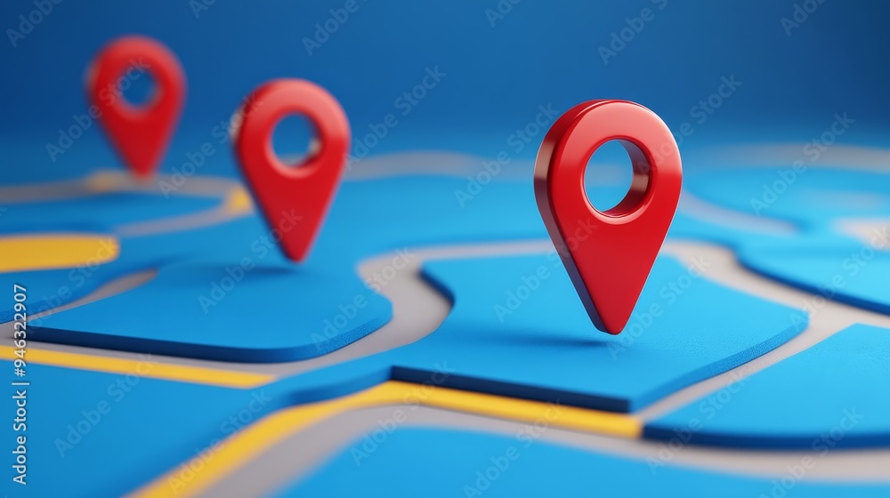Three red location pins on a blue and yellow map. Three red location pins on a blue and yellow map.