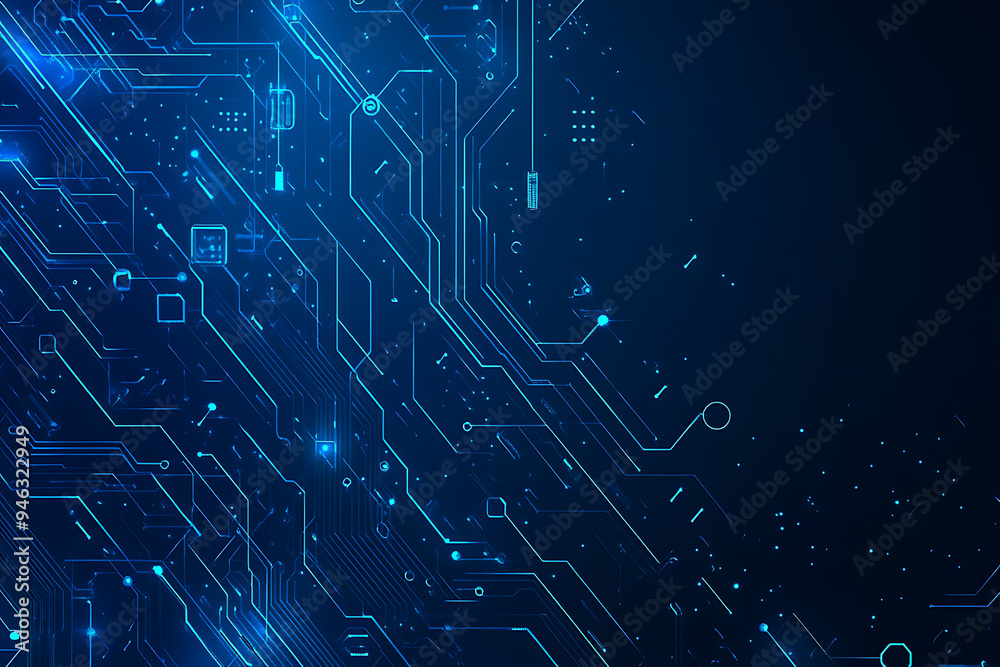 Abstract representation of a circuit board with glowing neon lines and geometric patterns against a dark background. The image evokes a high-tech, futuristic feel with ample copy space Abstract representation of a circuit board with glowing neon lines and geometric patterns against a dark background. The image evokes a high-tech, futuristic feel with ample copy space