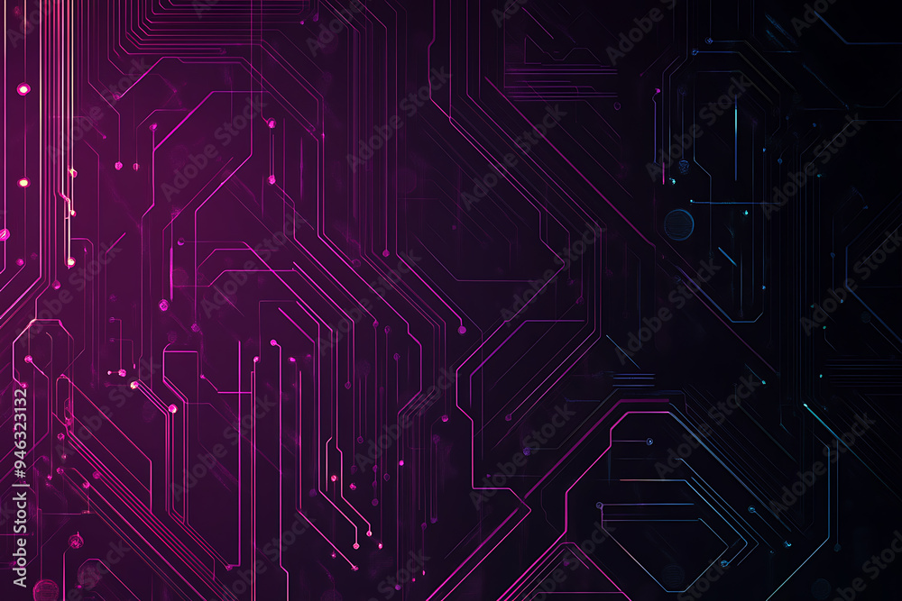 Abstract representation of a circuit board with glowing neon lines and geometric patterns against a dark background. The image evokes a high-tech, futuristic feel with ample copy space Abstract representation of a circuit board with glowing neon lines and geometric patterns against a dark background. The image evokes a high-tech, futuristic feel with ample copy space