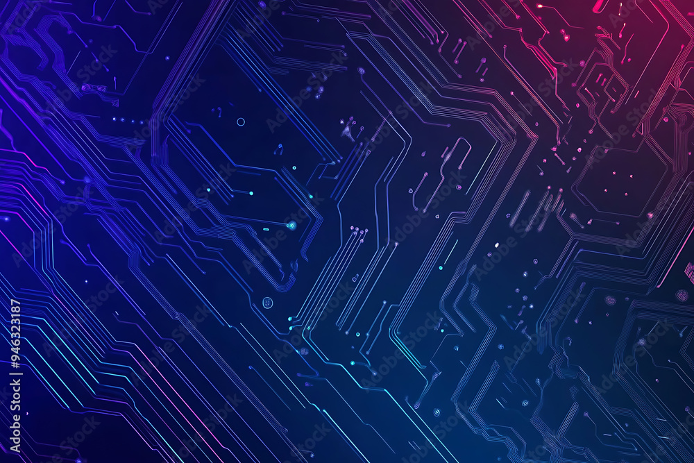 Abstract representation of a circuit board with glowing neon lines and geometric patterns against a dark background. The image evokes a high-tech, futuristic feel with ample copy space Abstract representation of a circuit board with glowing neon lines and geometric patterns against a dark background. The image evokes a high-tech, futuristic feel with ample copy space