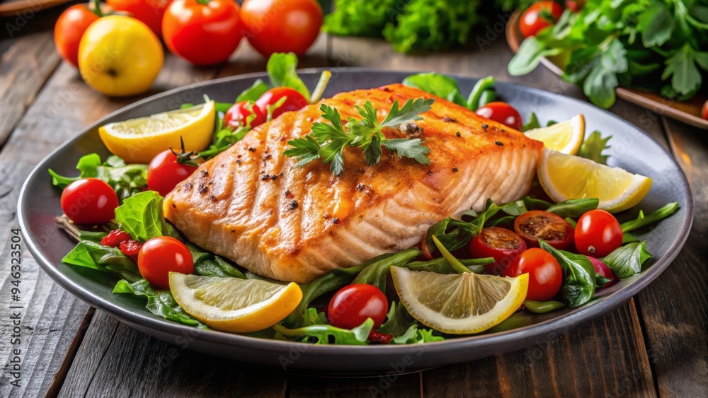 Freshly grilled salmon fillet served on a bed of mixed greens with sliced lemon, cherry tomatoes, and a side of steamed vegetables for a balanced meal. Freshly grilled salmon fillet served on a bed of mixed greens with sliced lemon, cherry tomatoes, and a side of steamed vegetables for a balanced meal.