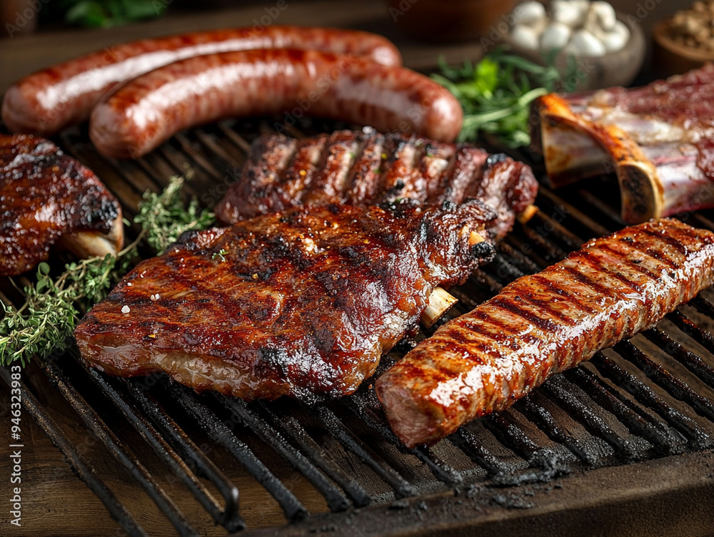 Succulent Grilled Ribs and Sausages on Barbecue. Succulent Grilled Ribs and Sausages on Barbecue.