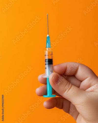 A close-up of a hand holding a syringe against a vibrant orange background, symbolizing health and medicine. photo