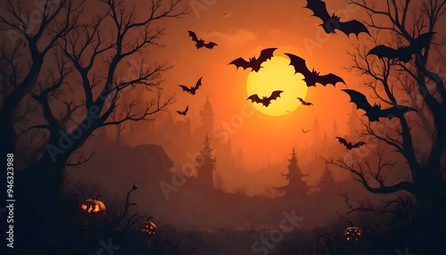 halloween background with pumpkin, bats and cobweb, Orange and yellow background
