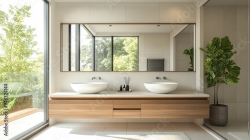 Modern bathroom with large mirrors above double sinks, reflecting the minimalist design.