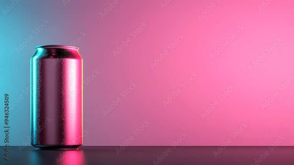 A metallic can illuminated by colorful lights on a sleek surface. A metallic can illuminated by colorful lights on a sleek surface.
