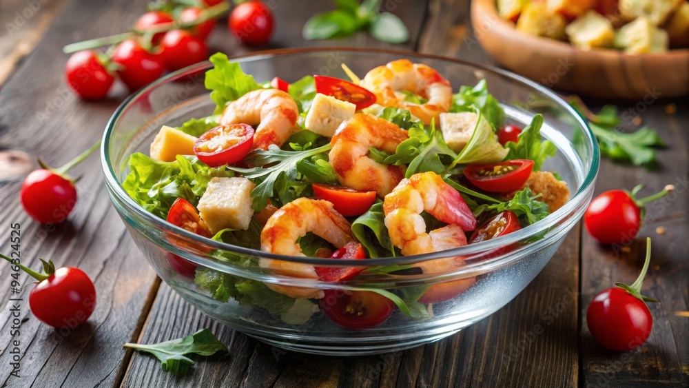 Freshly prepared shrimp salad with succulent pink shrimp, crisp mixed greens, juicy cherry tomatoes, and crunchy croutons, served in a elegant glass bowl. Freshly prepared shrimp salad with succulent pink shrimp, crisp mixed greens, juicy cherry tomatoes, and crunchy croutons, served in a elegant glass bowl.