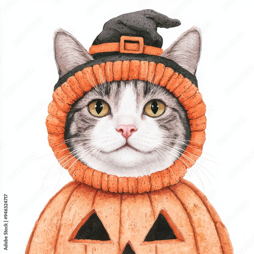 Obraz premium A cute cat dressed in a pumpkin costume with a witch hat, perfect for Halloween-themed designs and festive projects.