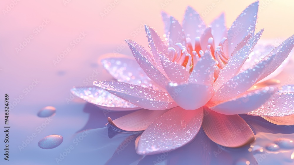 Exquisite Pink Lotus Flower Floating on Tranquil Water Surface with Dainty Petals and Serene Reflection Exquisite Pink Lotus Flower Floating on Tranquil Water Surface with Dainty Petals and Serene Reflection
