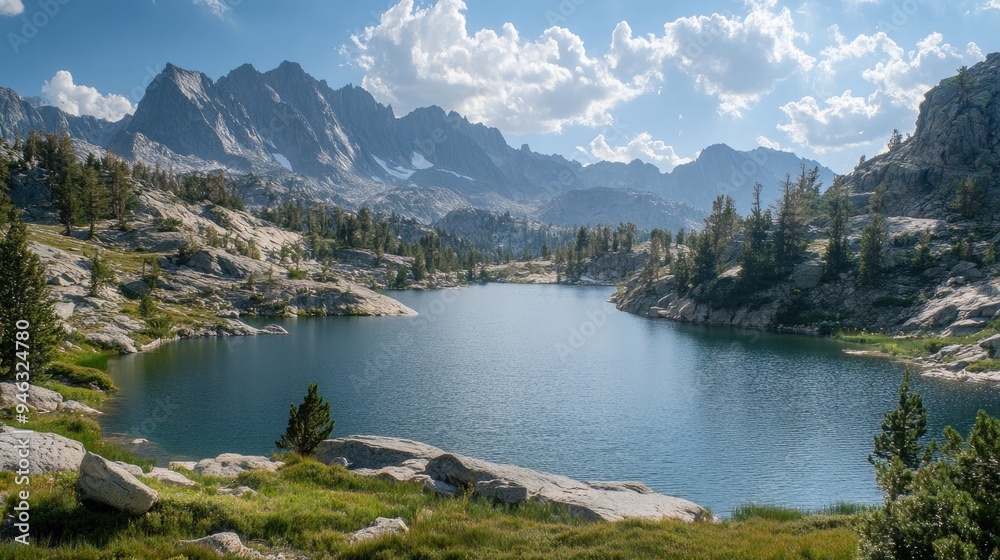 Mountain Lake Surrounded by Rocky Peaks and Lush Vegetation Mountain Lake Surrounded by Rocky Peaks and Lush Vegetation