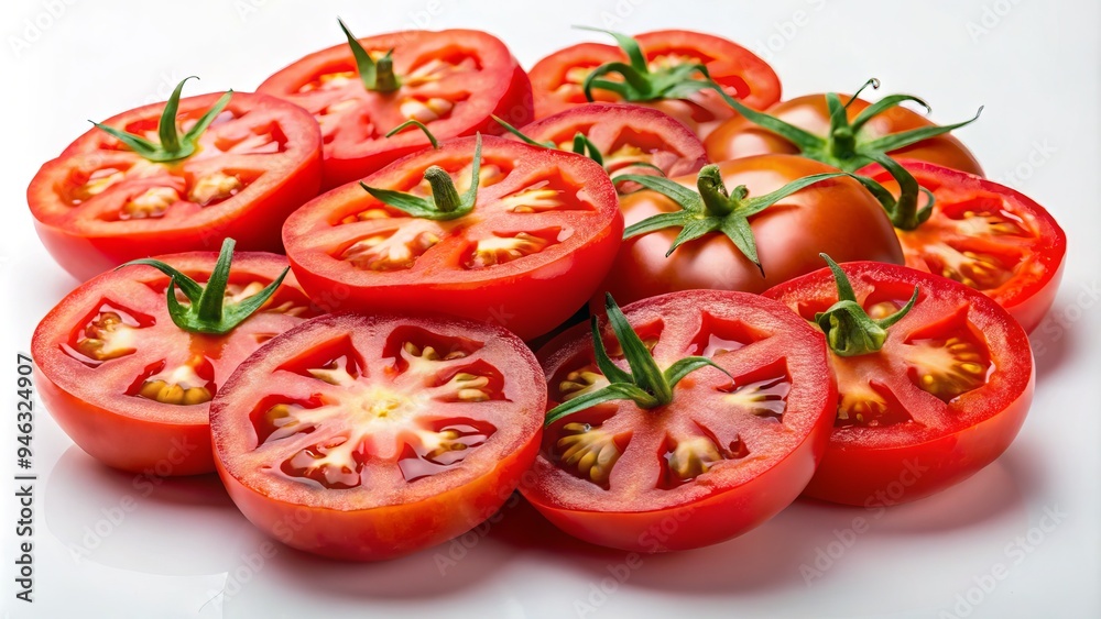 Freshly sliced round tomatoes, juicy and vibrant red, arranged artfully on a crisp white background, showcasing their tender flesh and appealing texture.