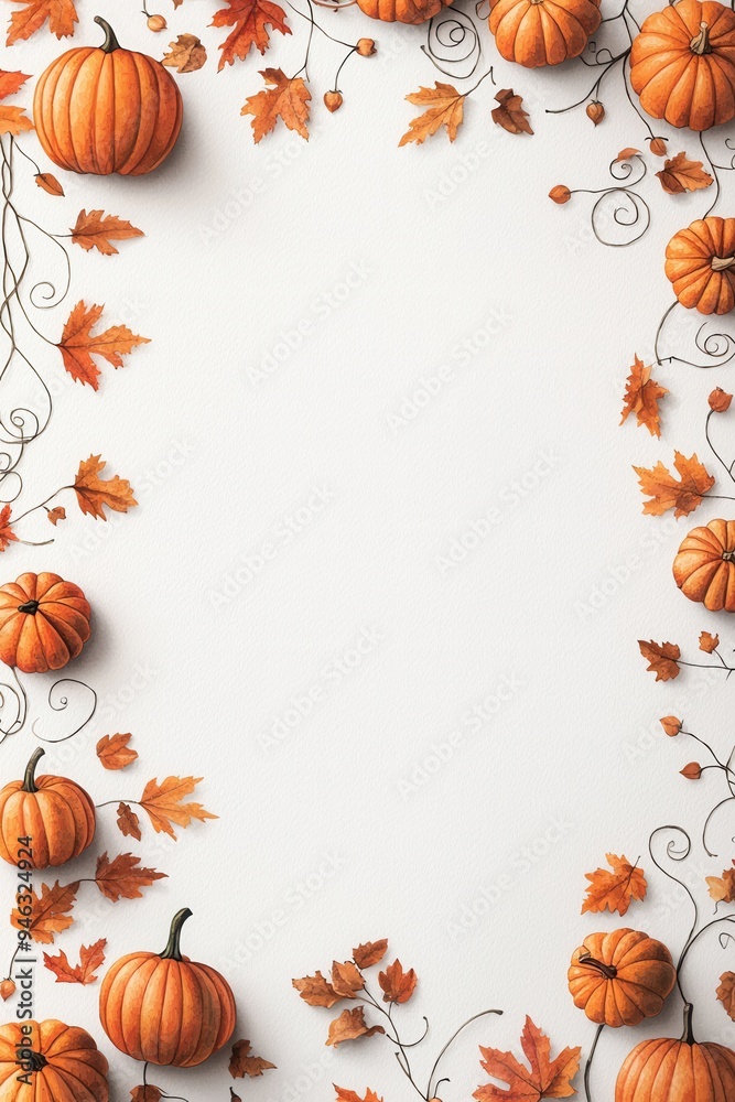 Fototapeta premium A festive autumn scene featuring vibrant pumpkins and colorful leaves arranged on a white background, perfect for seasonal designs.