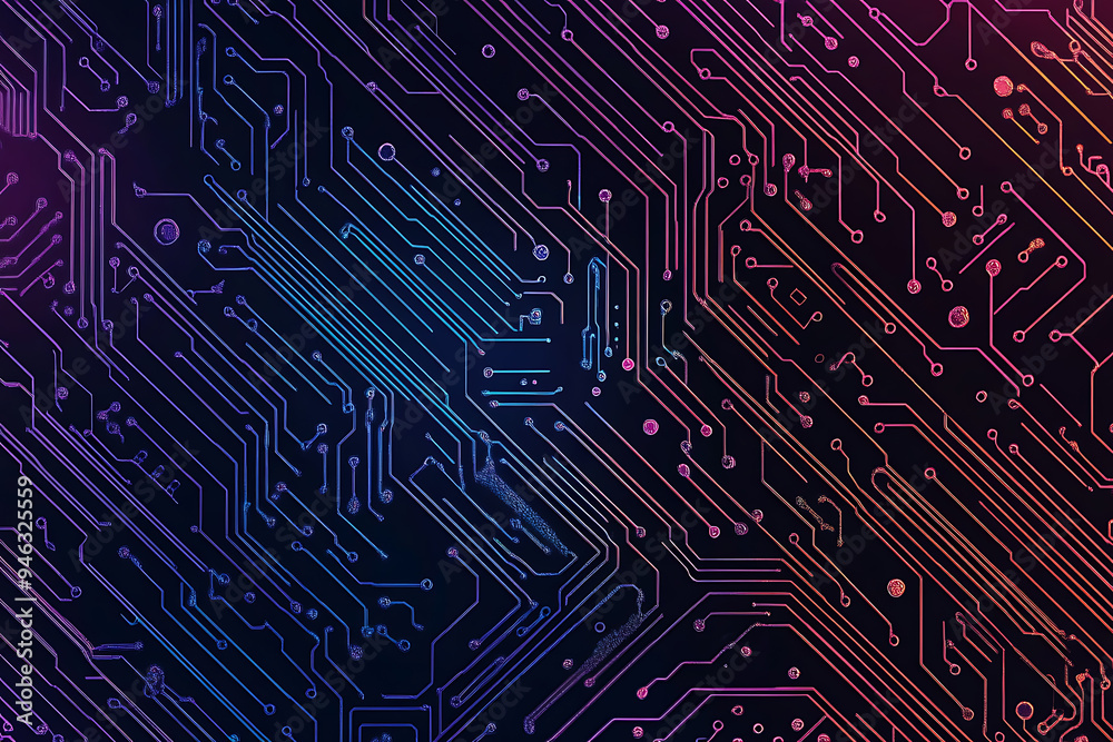 Abstract representation of a circuit board with glowing neon lines and geometric patterns against a dark background. The image evokes a high-tech, futuristic feel with ample copy space Abstract representation of a circuit board with glowing neon lines and geometric patterns against a dark background. The image evokes a high-tech, futuristic feel with ample copy space