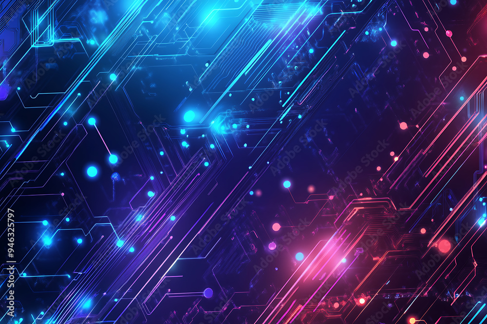 Abstract representation of a circuit board with glowing neon lines and geometric patterns against a dark background. The image evokes a high-tech, futuristic feel with ample copy space Abstract representation of a circuit board with glowing neon lines and geometric patterns against a dark background. The image evokes a high-tech, futuristic feel with ample copy space