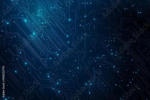  Abstract representation of a circuit board with glowing neon lines and geometric patterns against a dark background. The image evokes a high-tech, futuristic feel with ample copy space