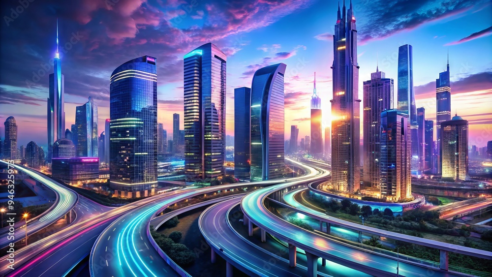 Obraz premium Futuristic metropolitan landscape with sleek skyscrapers, neon lights, and curved highways, showcasing a bustling urban center in a vibrant, high-tech environment.