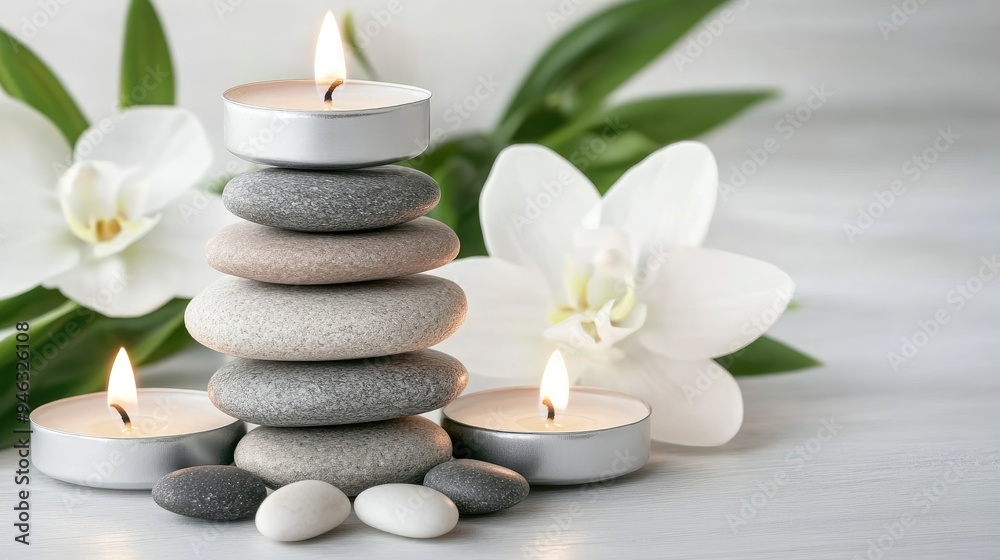 A peaceful arrangement of smooth round stones is balanced atop one another, with small candles placed around them, inviting tranquility on a bright white wooden table A peaceful arrangement of smooth round stones is balanced atop one another, with small candles placed around them, inviting tranquility on a bright white wooden table