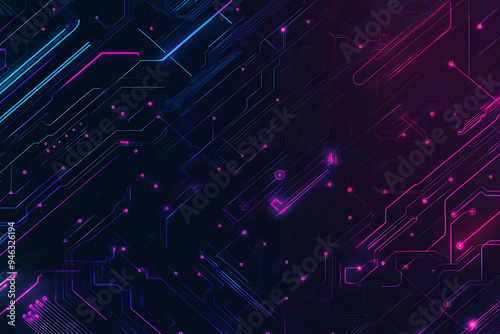  Abstract representation of a circuit board with glowing neon lines and geometric patterns against a dark background. The image evokes a high-tech, futuristic feel with ample copy space