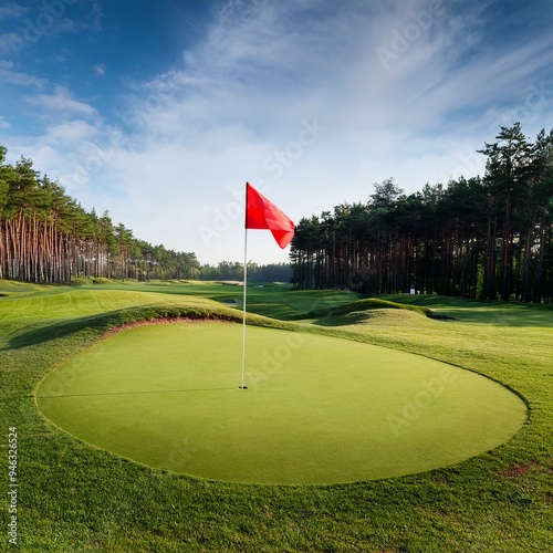 Golf course with golf hole and red flag with pine forest in the background, Generative AI photo